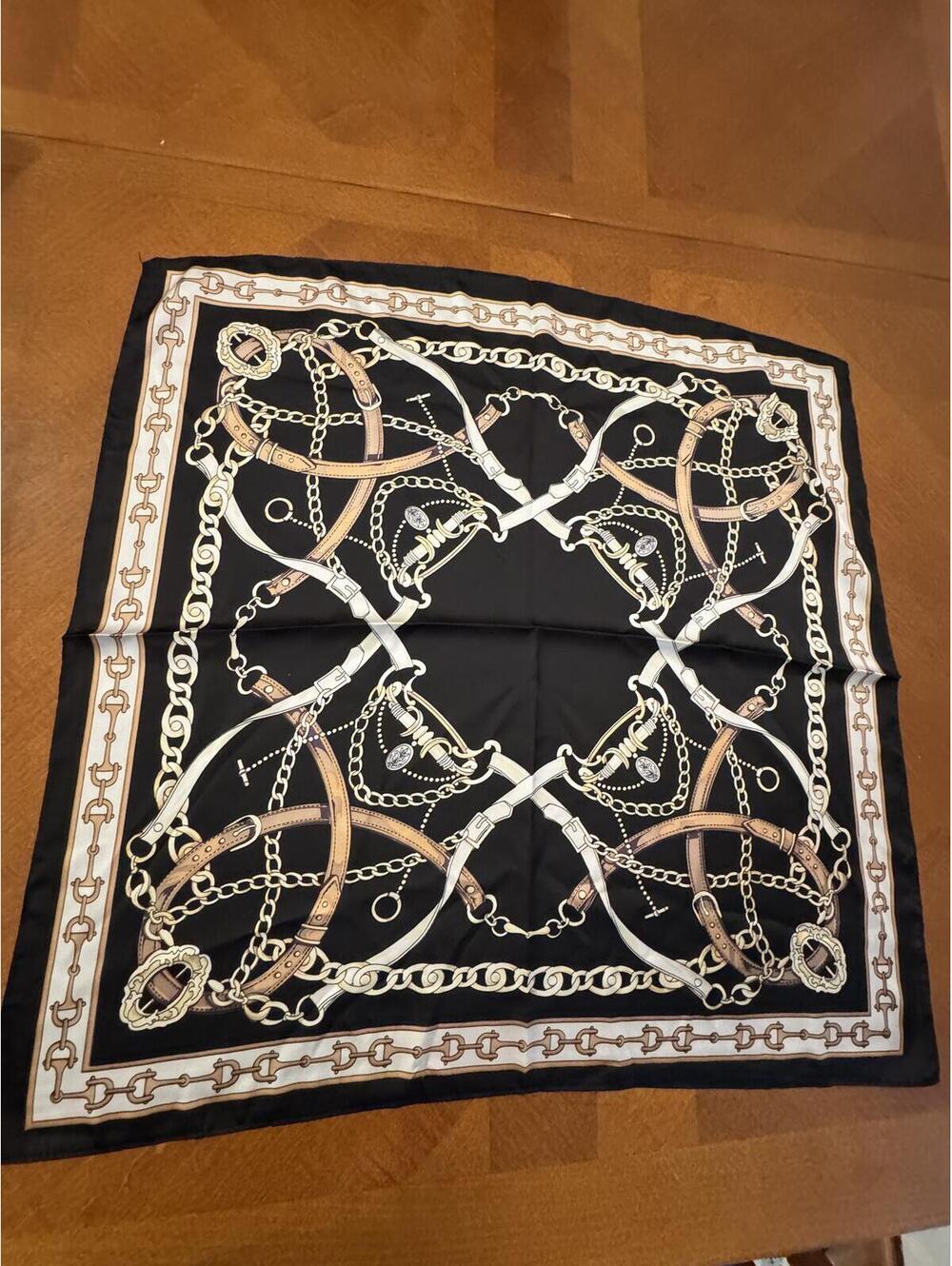 Elegant Black Scarf with Chain and Belt Print